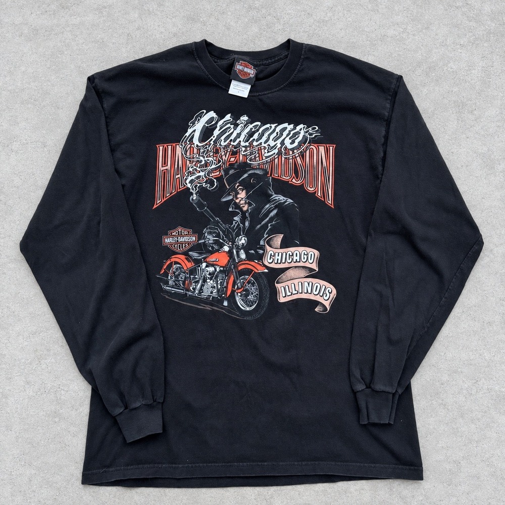 Vintage Harley Davidson Chicago Illinois Long Sleeve T-Shirt Black Mens L 2003